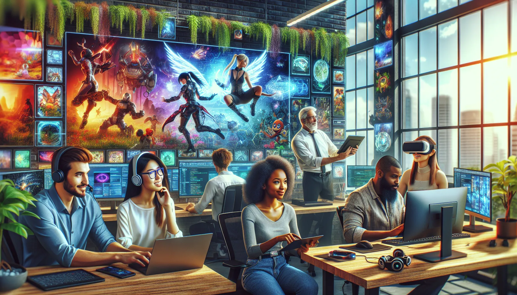 diverse professionals collaborating in a modern gaming office.