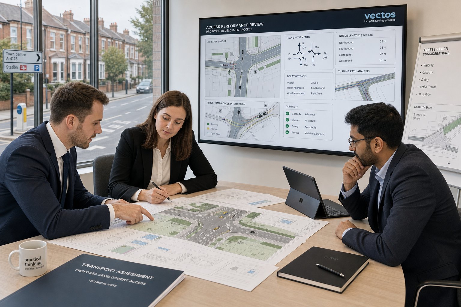 Traffic consultants reviewing UK road access plans in a modern office.