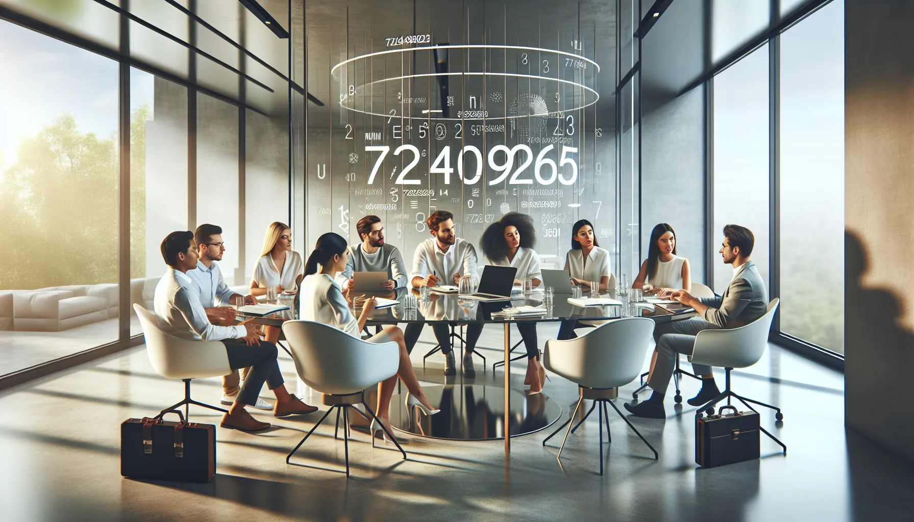diverse team brainstorming in a modern office around the number 7242098265.