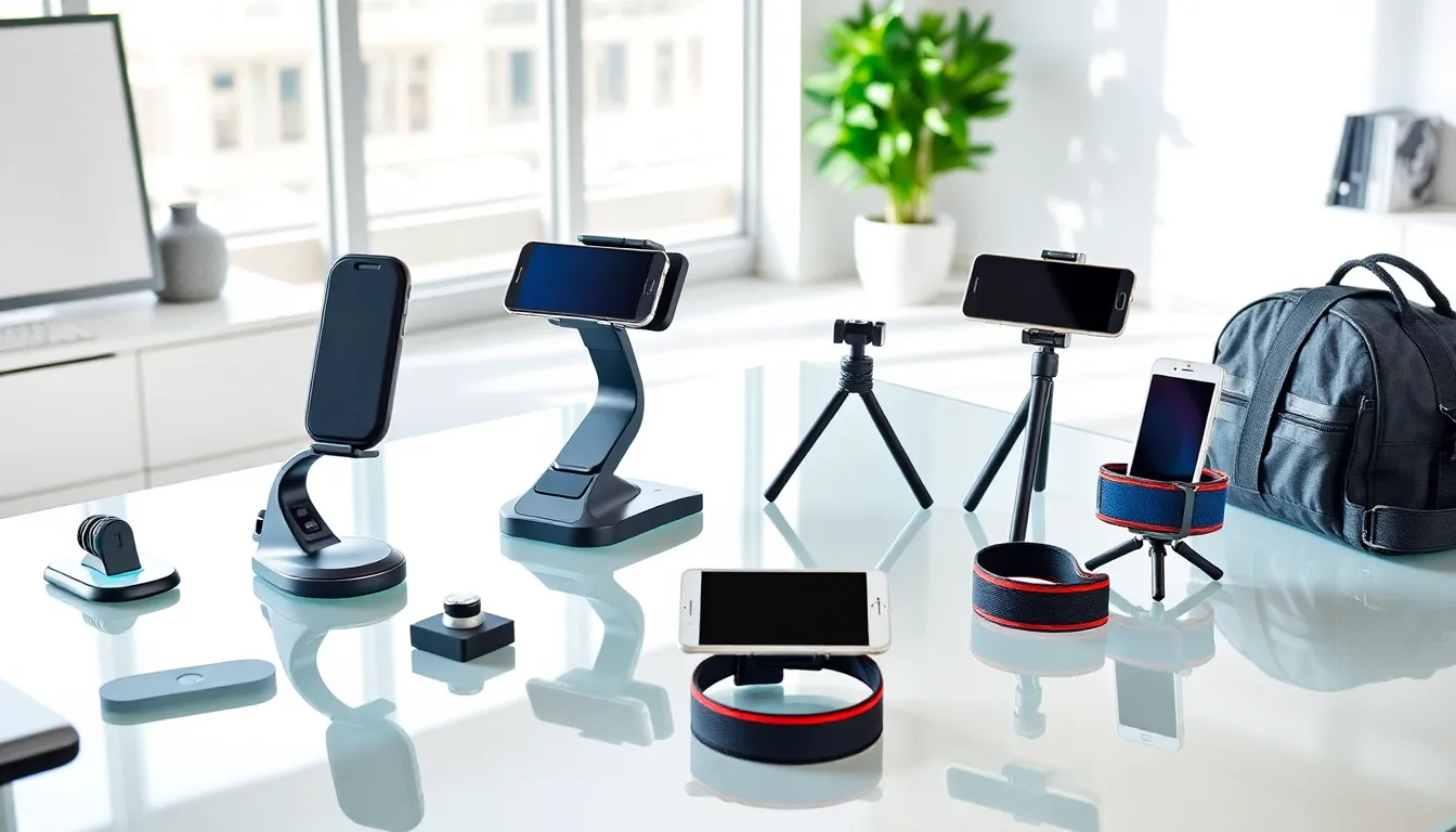 Different types of mobile phone holders on a modern office desk.