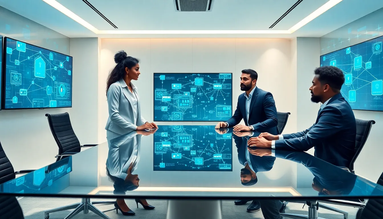 diverse team discussing blockchain technology in a modern office setting.