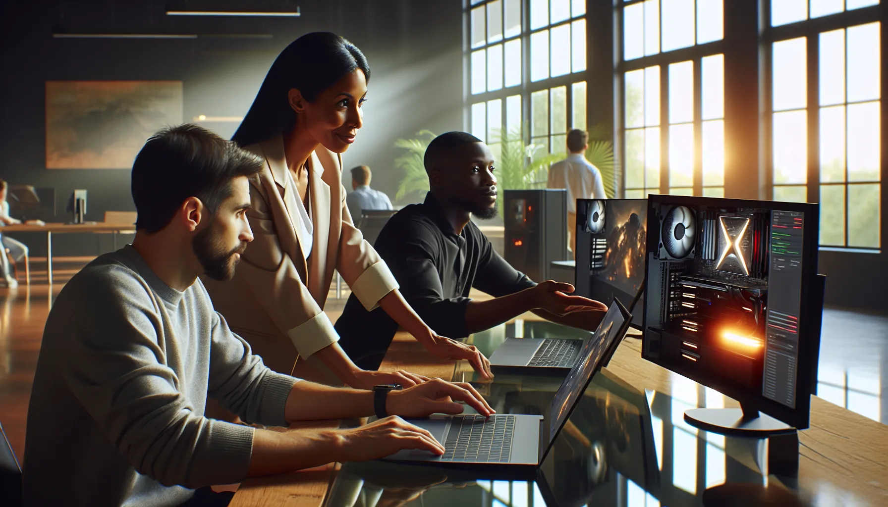 three professionals troubleshooting PC gaming issues in a modern office.