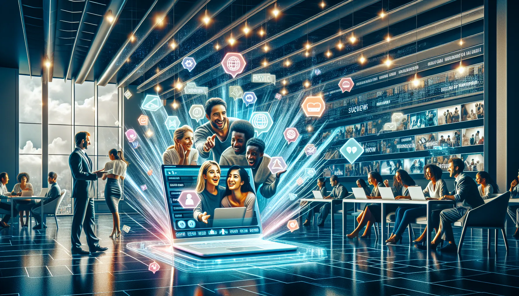 diverse users interacting over Telugu movies on a sleek laptop.