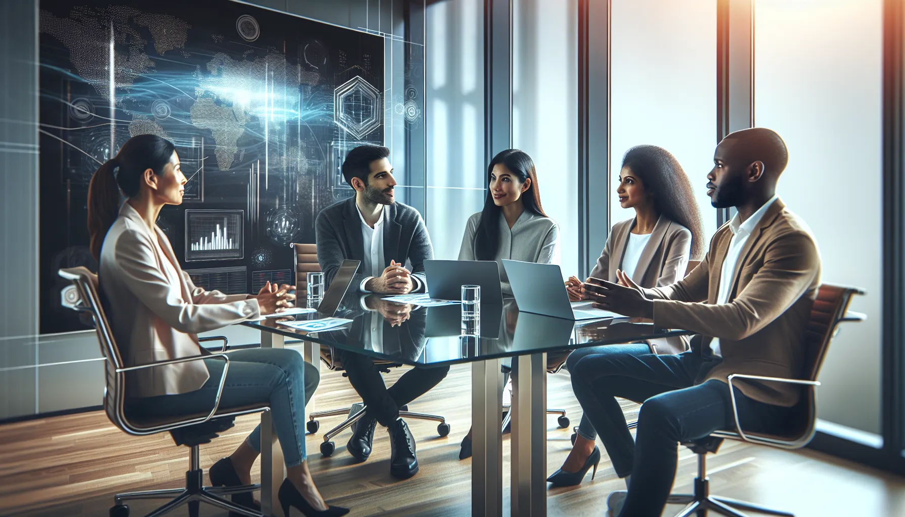 diverse professionals discussing future technology trends in a modern conference room.