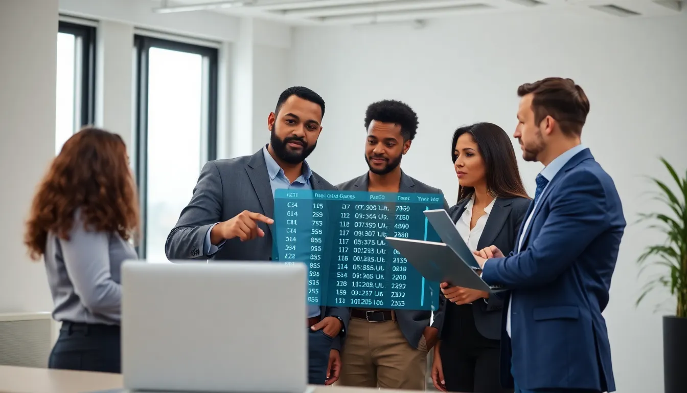 IT professionals discussing IP addresses in a modern office.