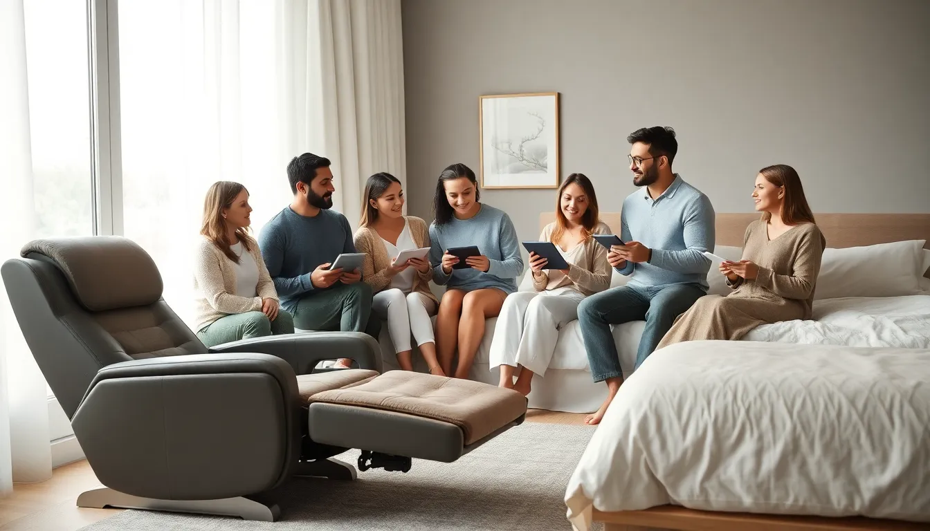 diverse group discussing sleep health in a modern bedroom.