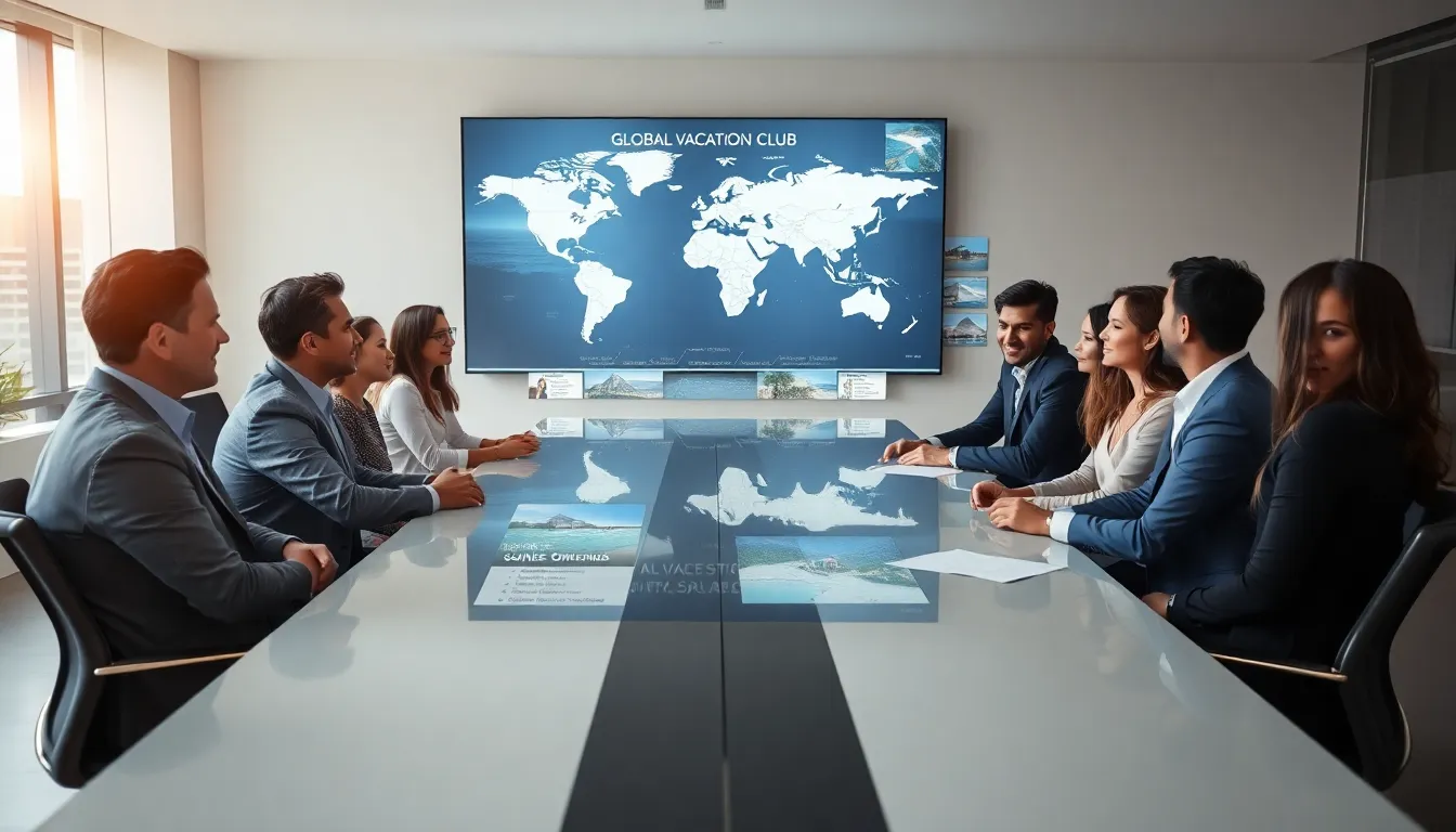 diverse team discussing travel options in a modern office.