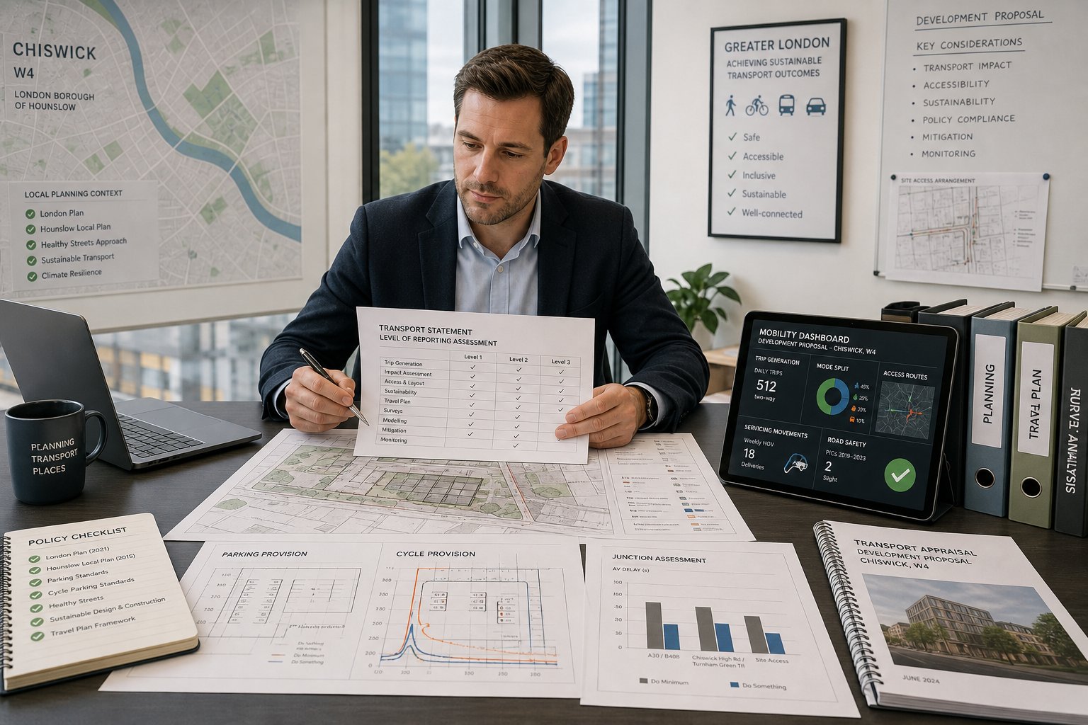 Traffic engineer reviewing planning transport reports in a modern London office.