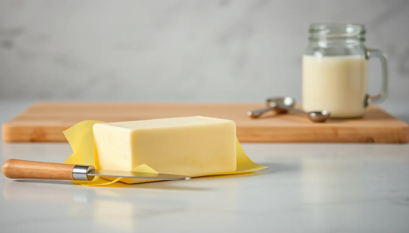 block of unsalted butter on a kitchen countertop.