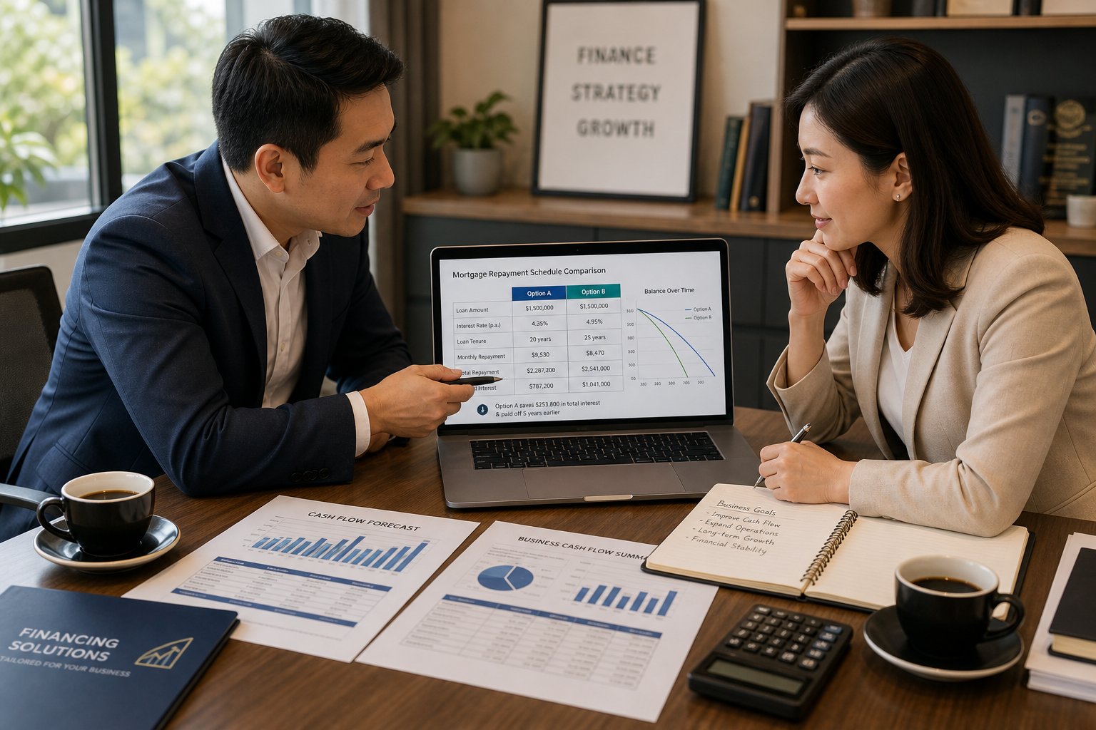 Two professionals discussing flexible mortgage repayment options at a modern office desk.