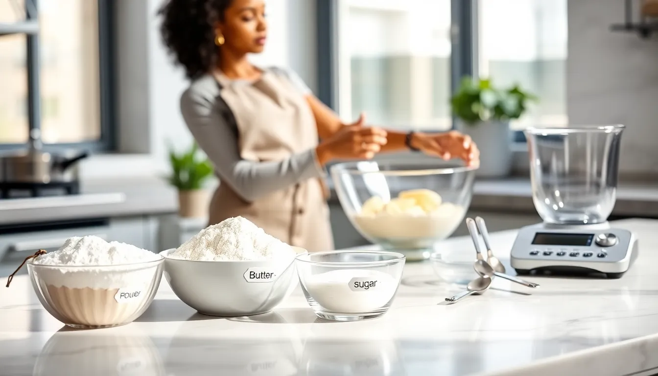 a baker preparing cookie ingredients in a modern kitchen.