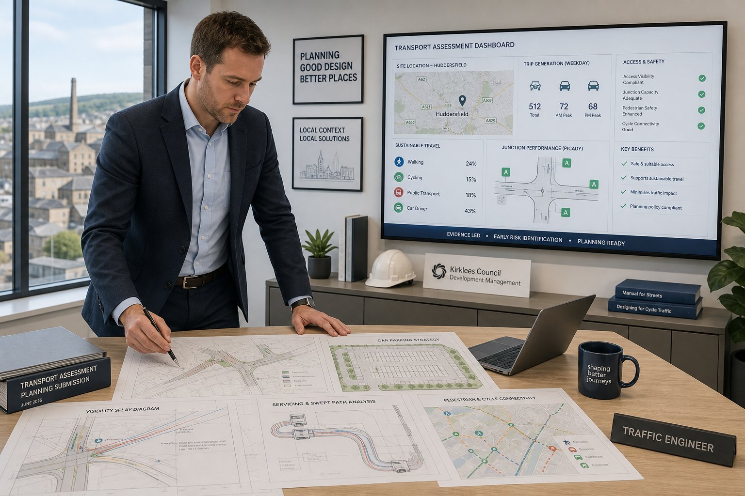 Traffic engineer reviewing development access plans in a modern office.
