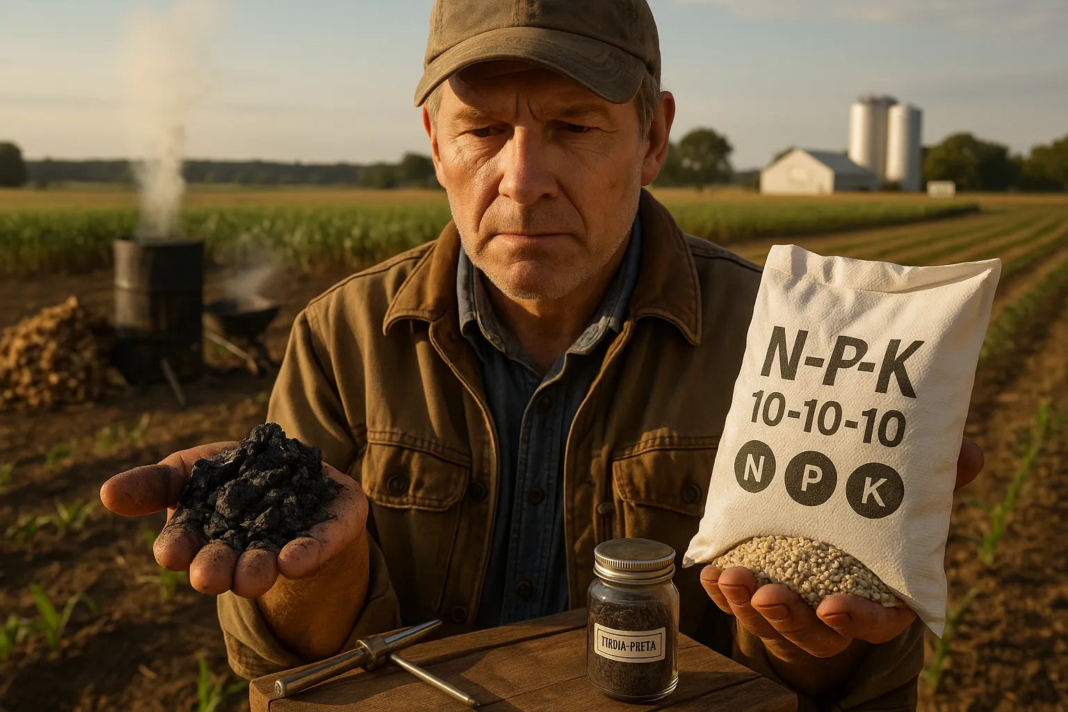Farmer comparing biochar in one hand and N-P-K fertilizer bag in the other.