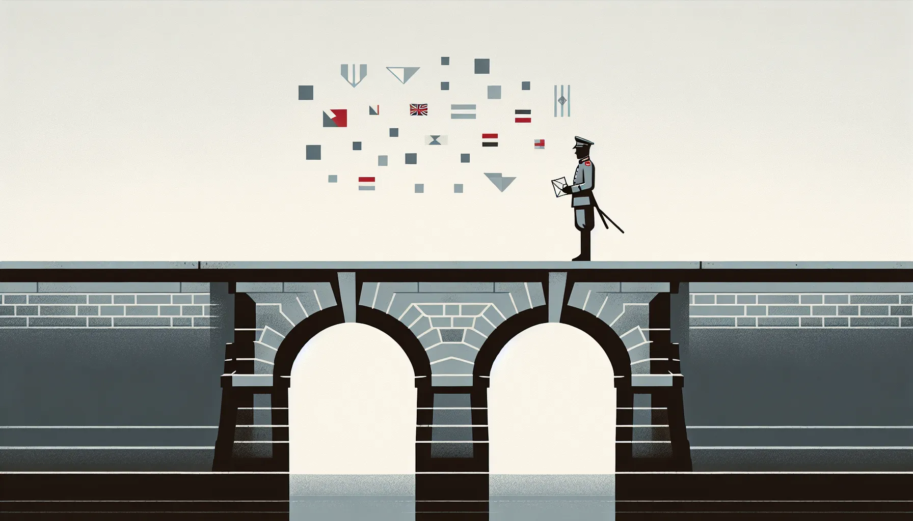 A soldier standing on a bridge holding a letter with floating flag symbols above