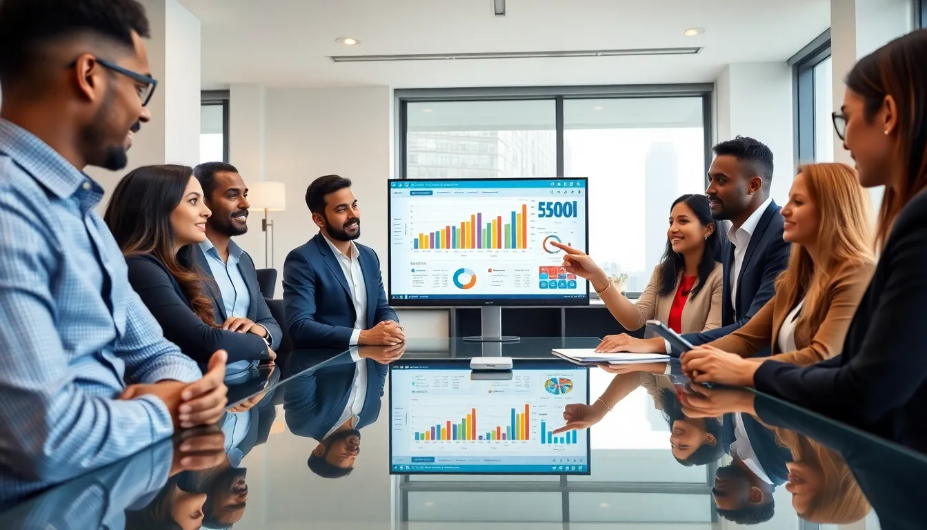 diverse team discussing annual expenses in a modern office.