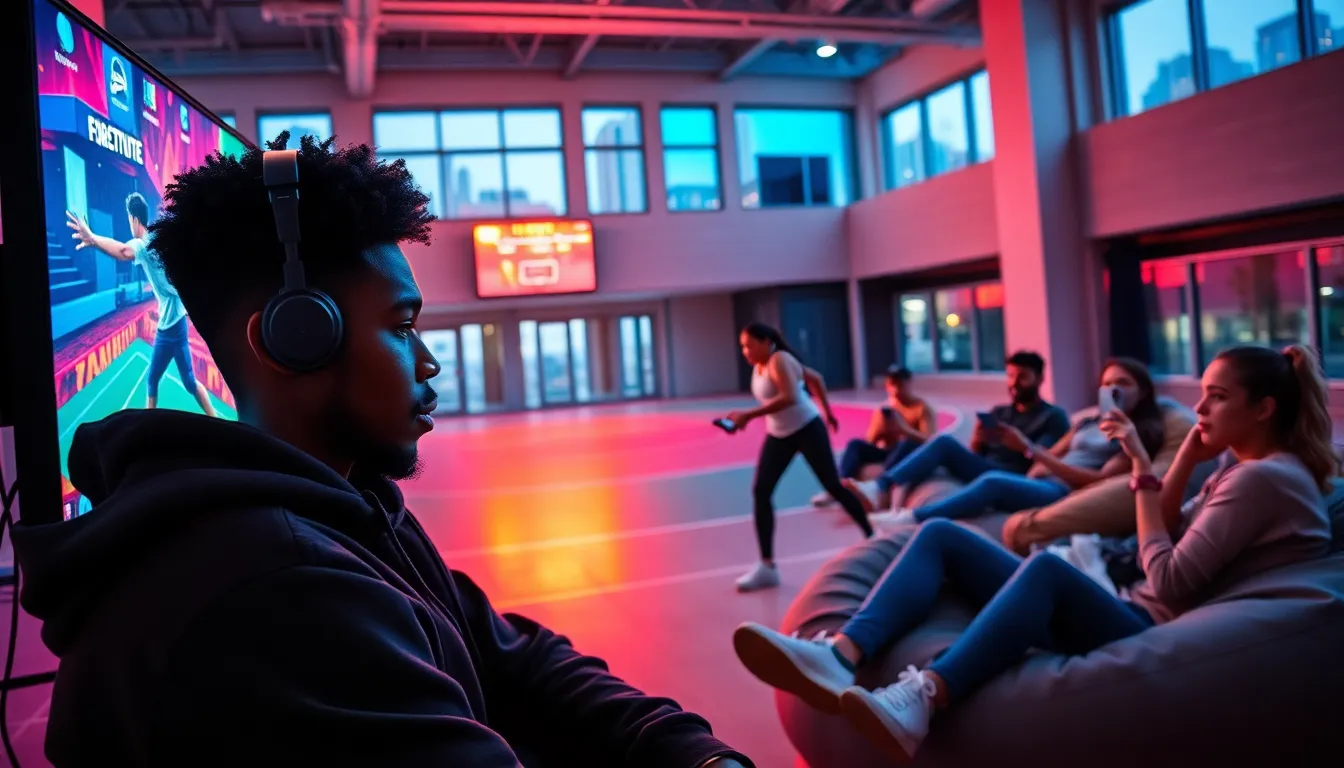 young adults engaging in traditional and esports activities in an urban sports complex.