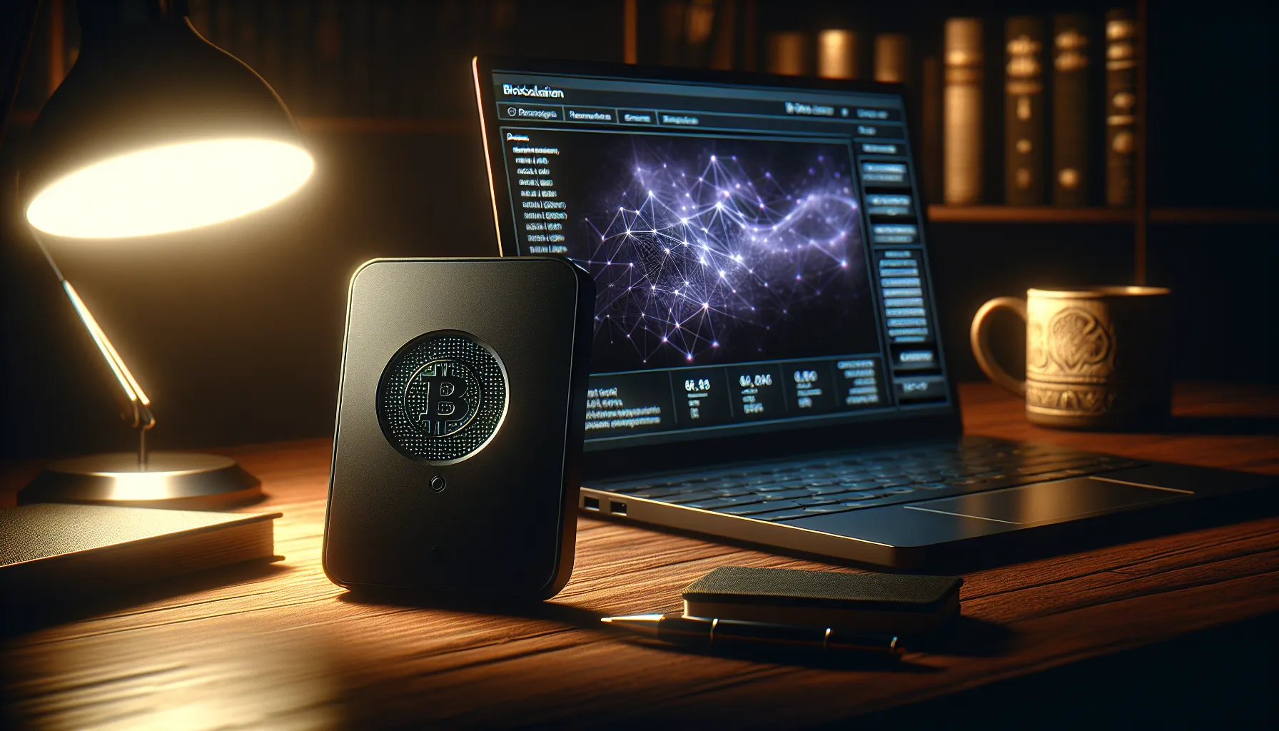 Best Wallet for Privacy Coins: Expert Guide 2 Hardware cryptocurrency wallet device on desk next to laptop displaying encrypted blockchain data.