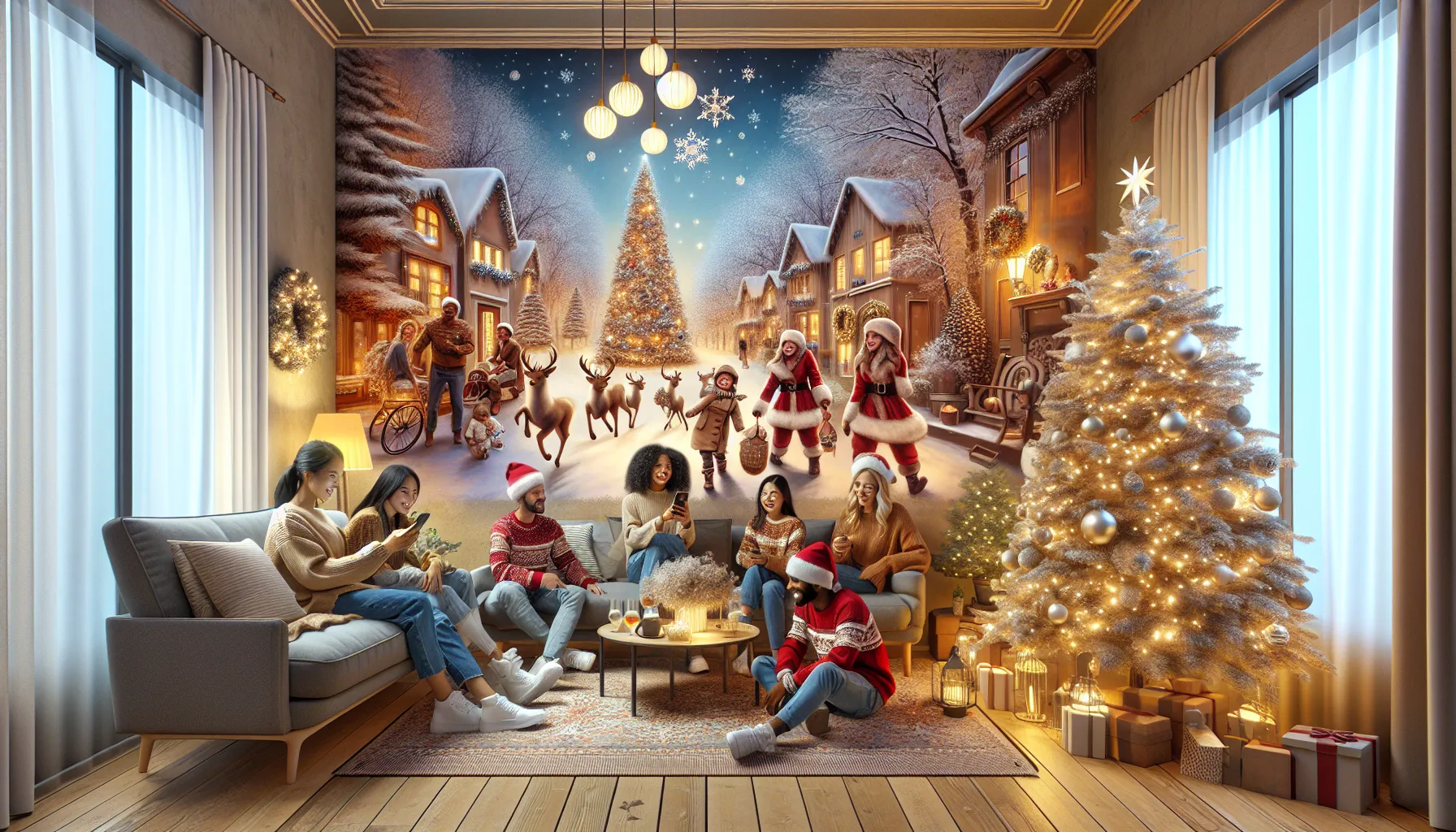 family enjoying a Christmas mural in a cozy living room.