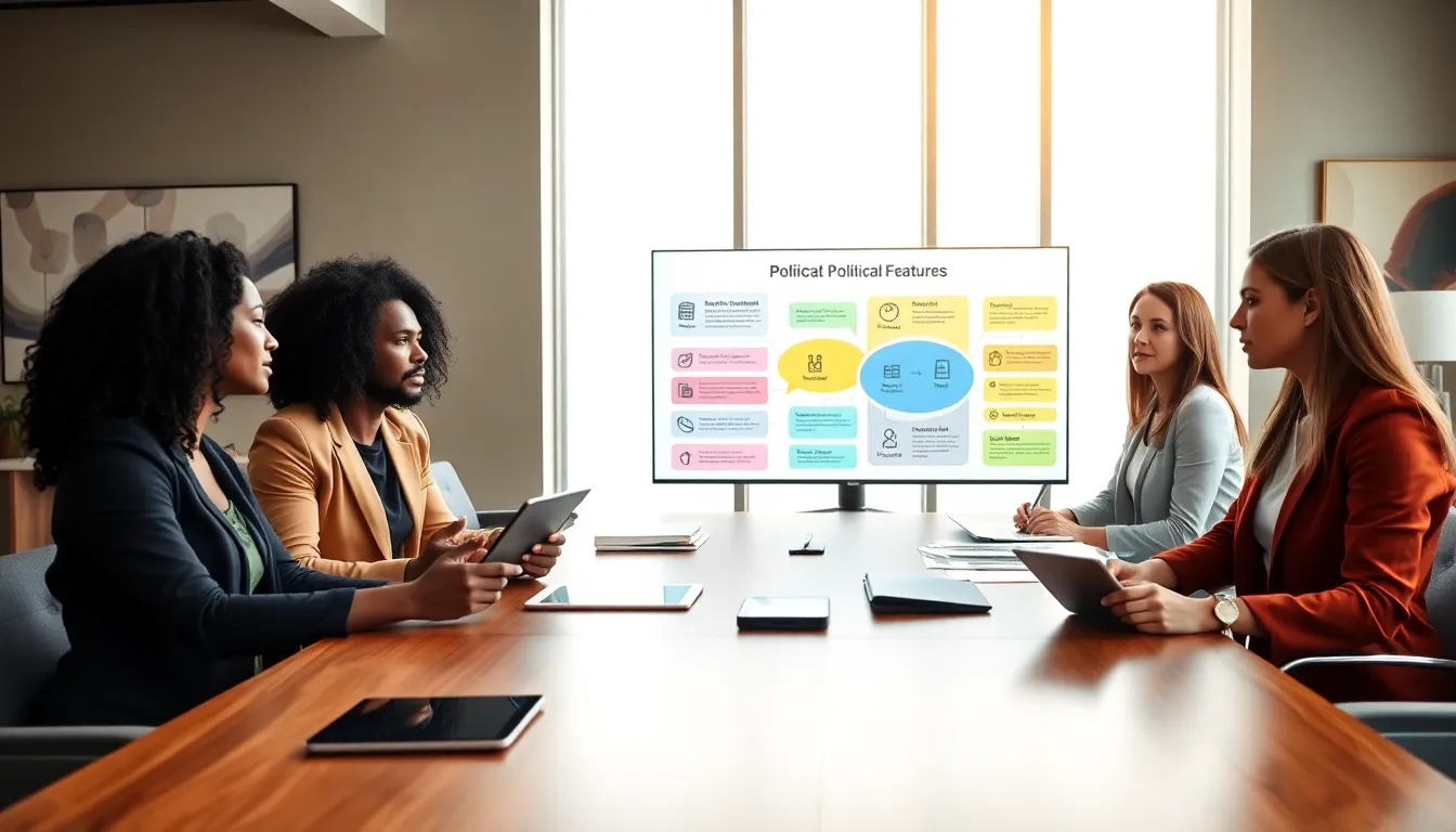 diverse professionals discussing political features in a modern office.