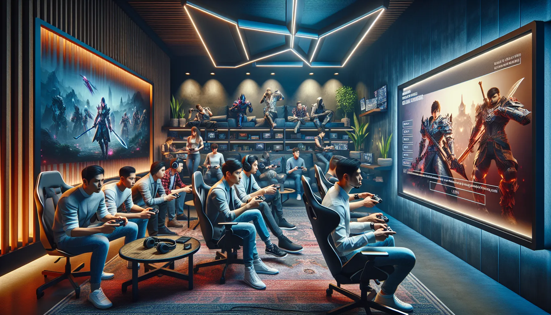 diverse gamers enjoying gameplay in a modern gaming lounge.