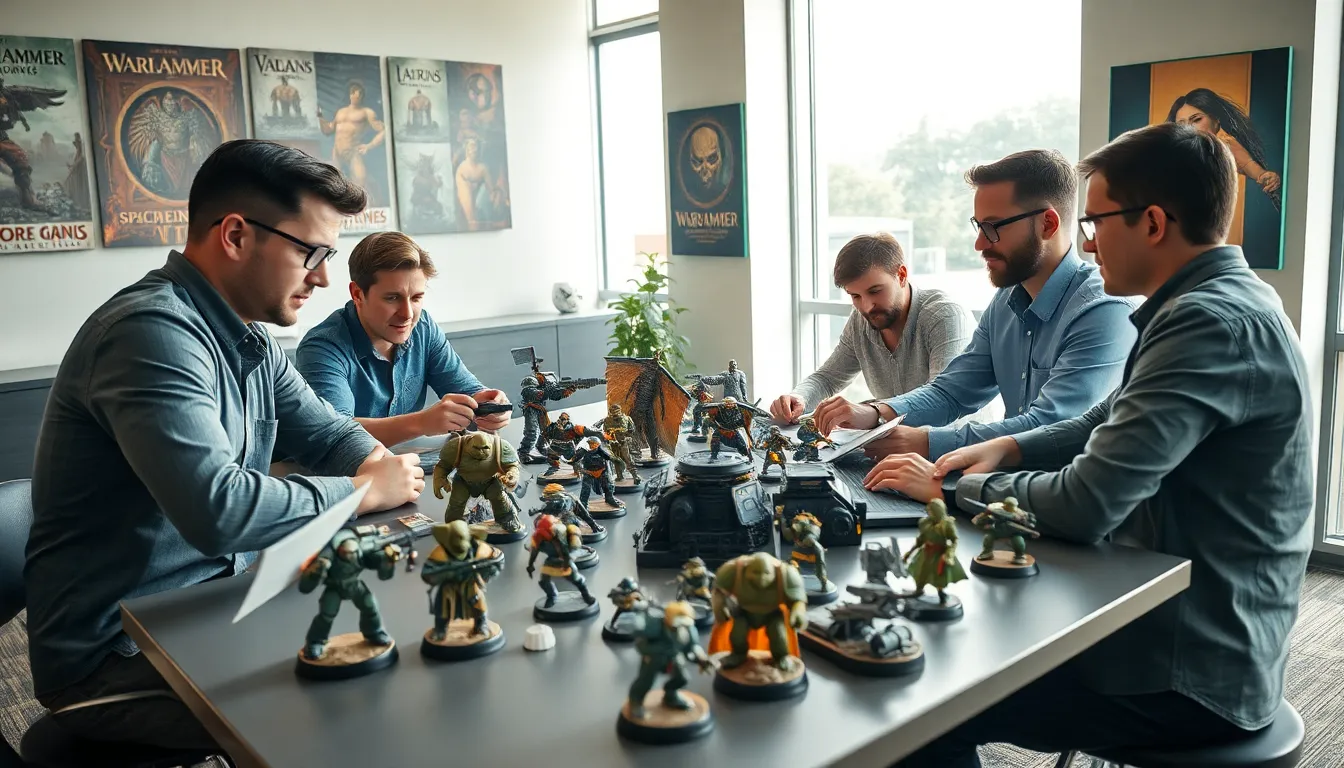 players engaged in a Warhammer 40K tabletop game with miniatures.