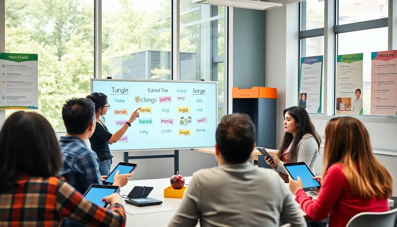 diverse language learners collaborating in a bright classroom.