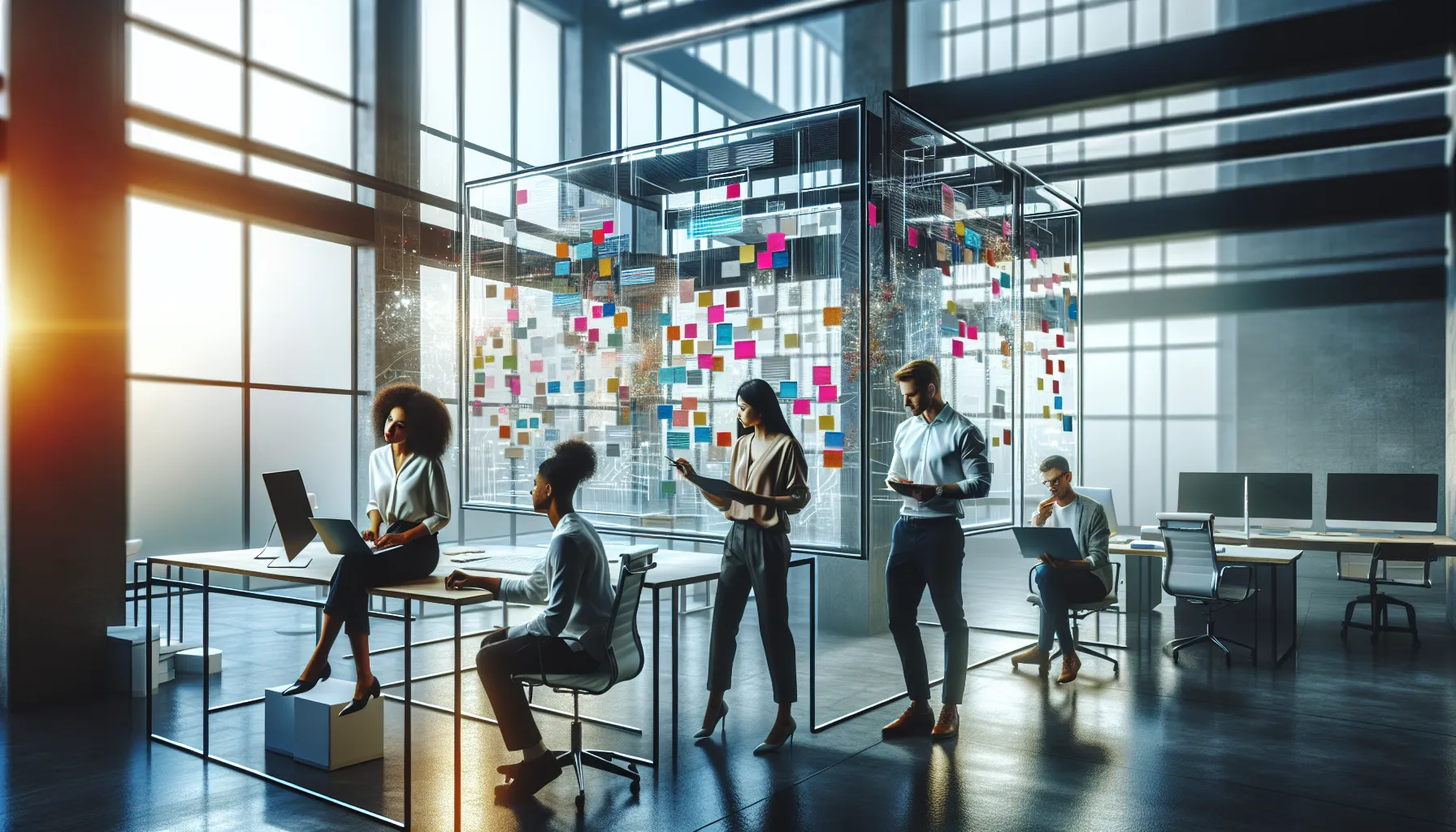 team collaborating in a modern office using Fumbleboard.