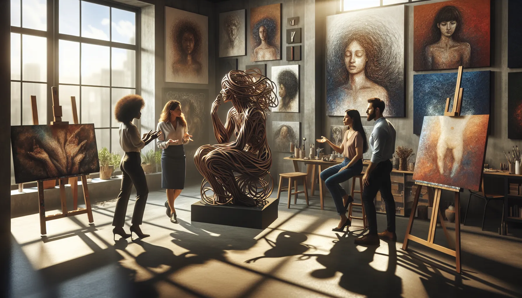 diverse group engaged in art discussion in a bright studio.