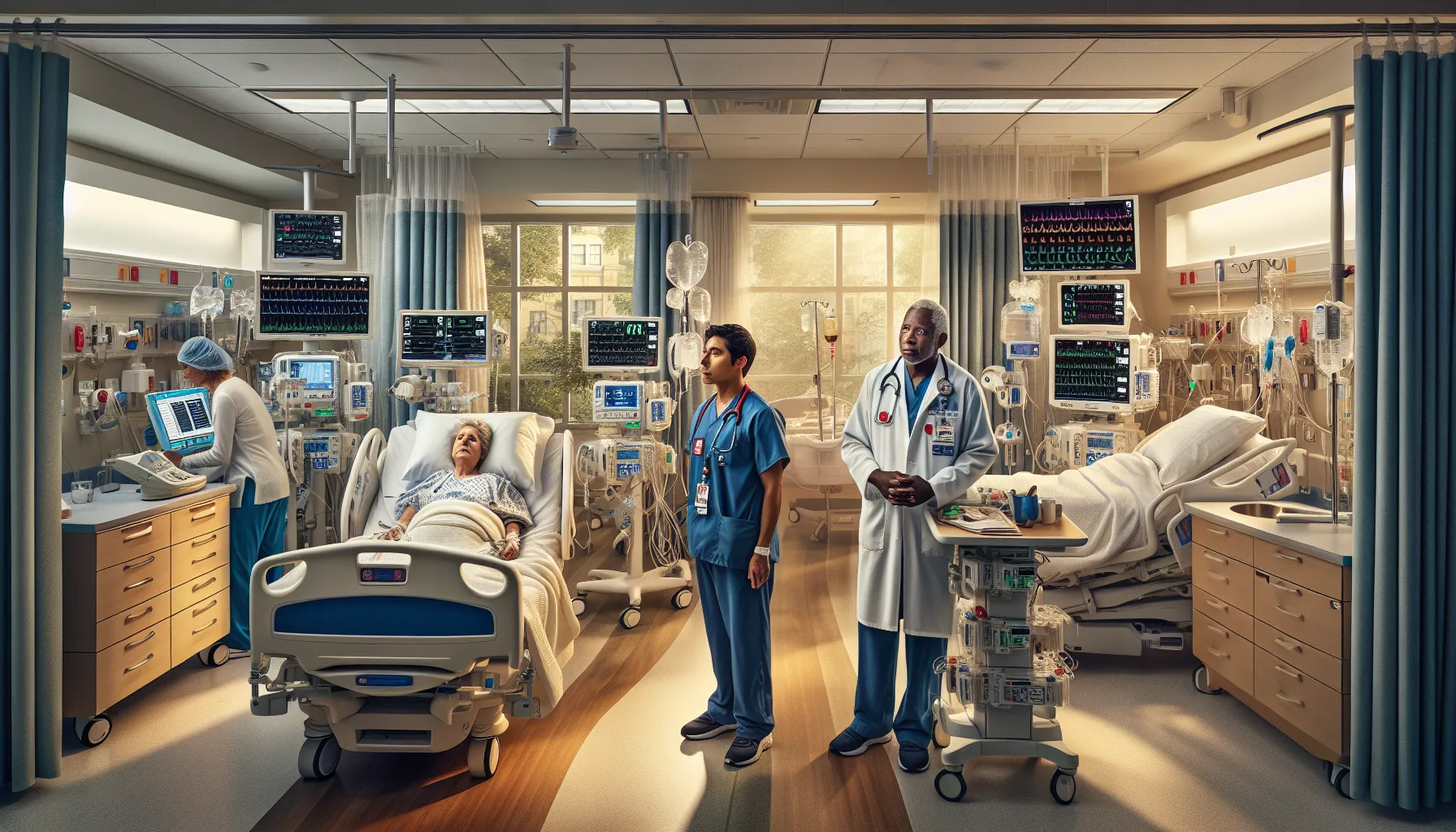 an ICU and CCU in a hospital with healthcare professionals and patients.