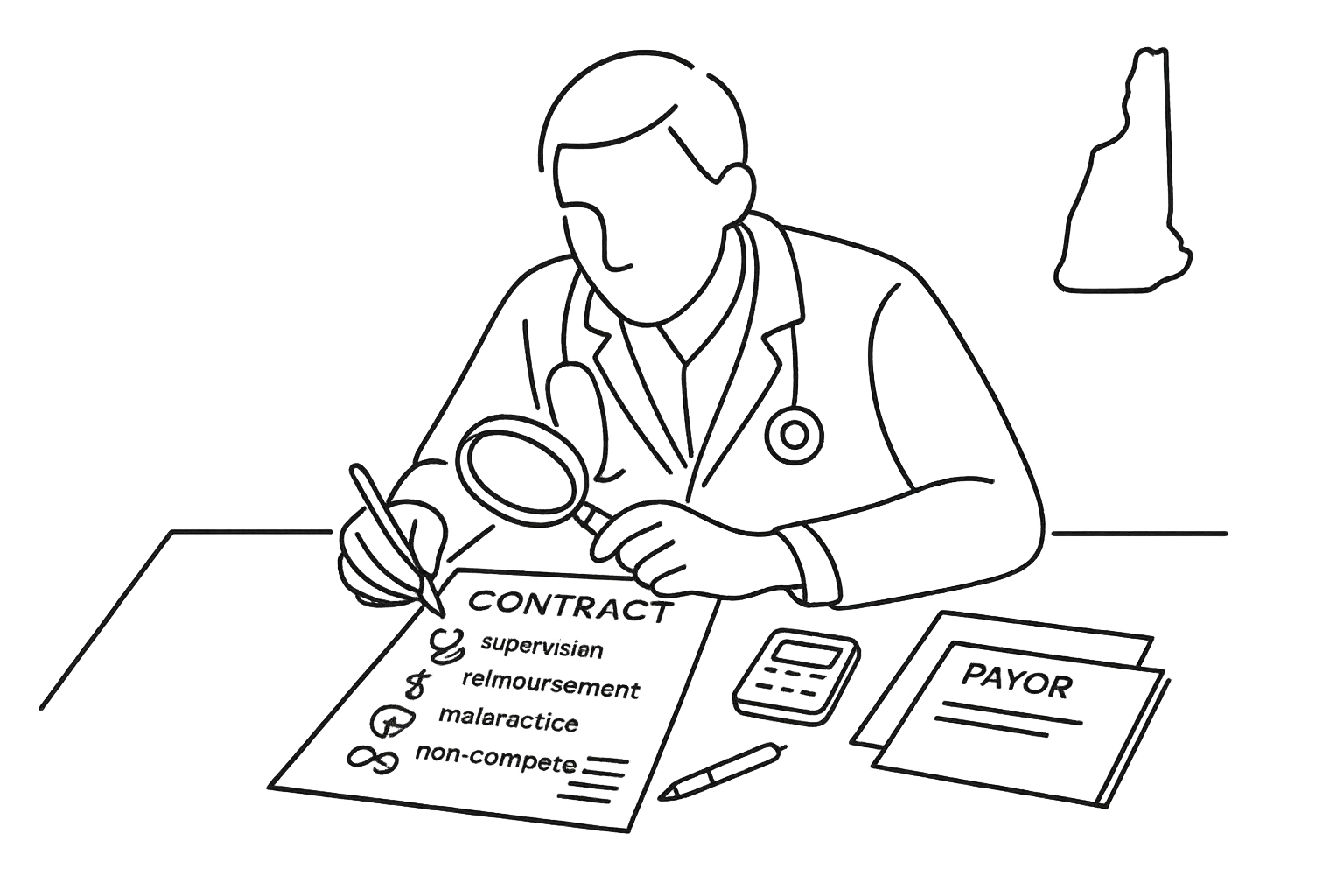 A PA at a desk examining a contract with labeled clauses and silhouette of New Hampshire Physician Assistant Contract Review.