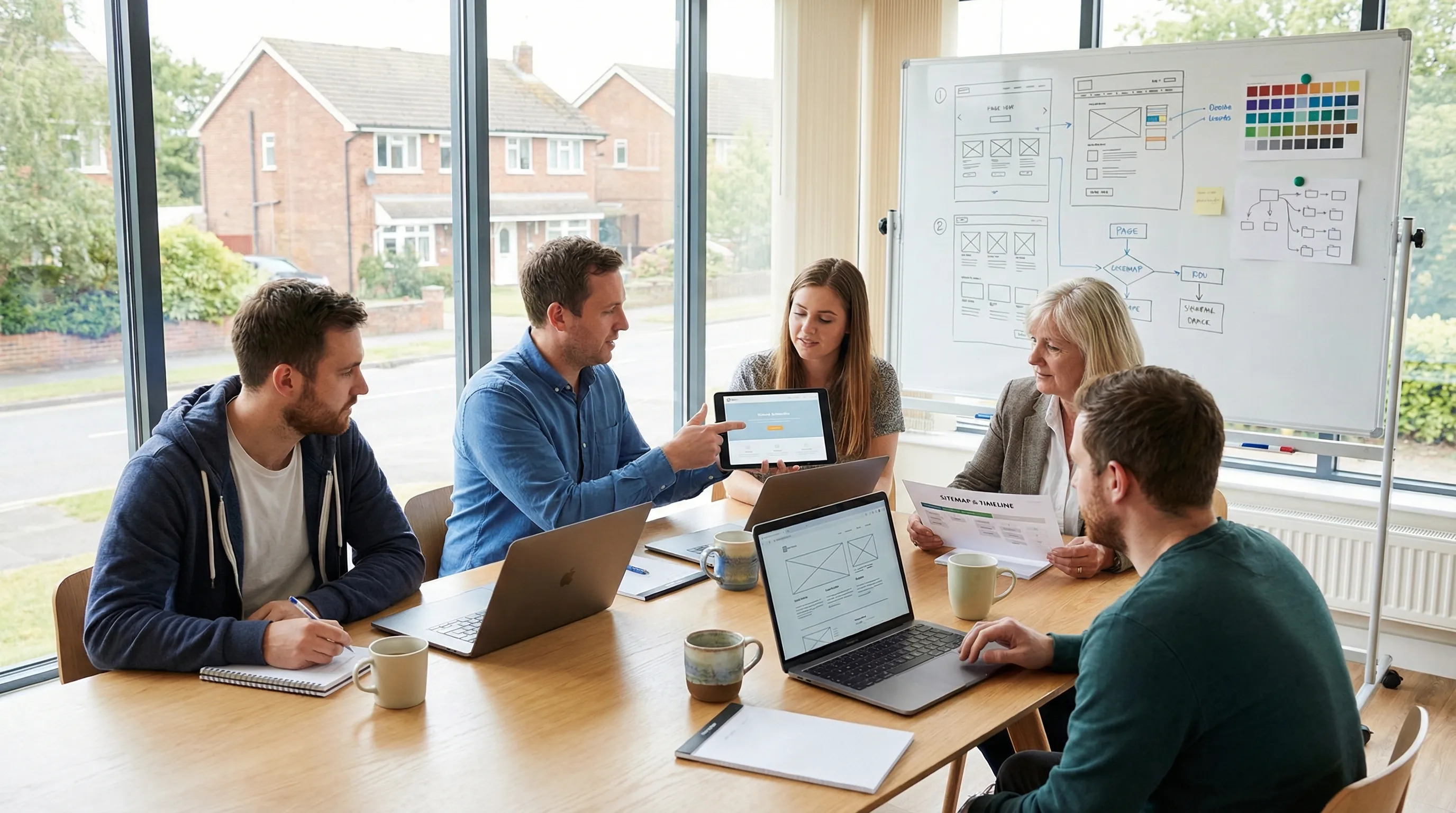 Local web development team meeting with a small business owner in a bright, modern Friendswood office, reviewing website designs on laptops and sketches on a whiteboard.