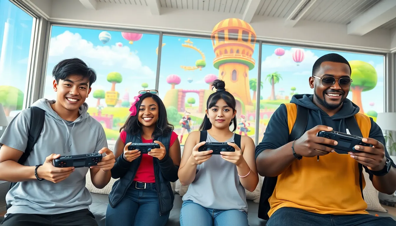 diverse gamers enjoying Fortnite in an anime-inspired environment.