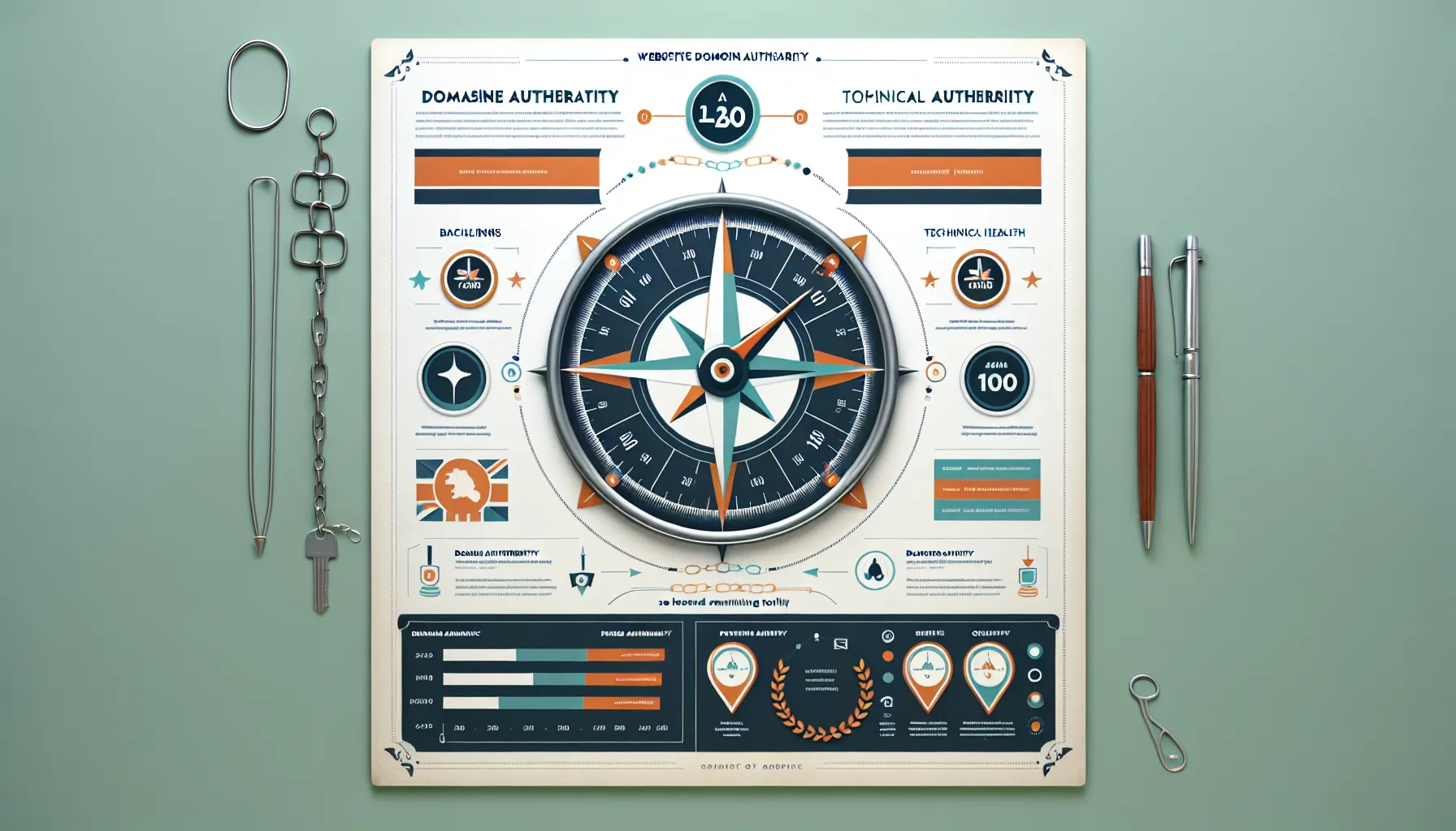UK-themed infographic explaining website domain authority, comparisons, and alignment pillars.
