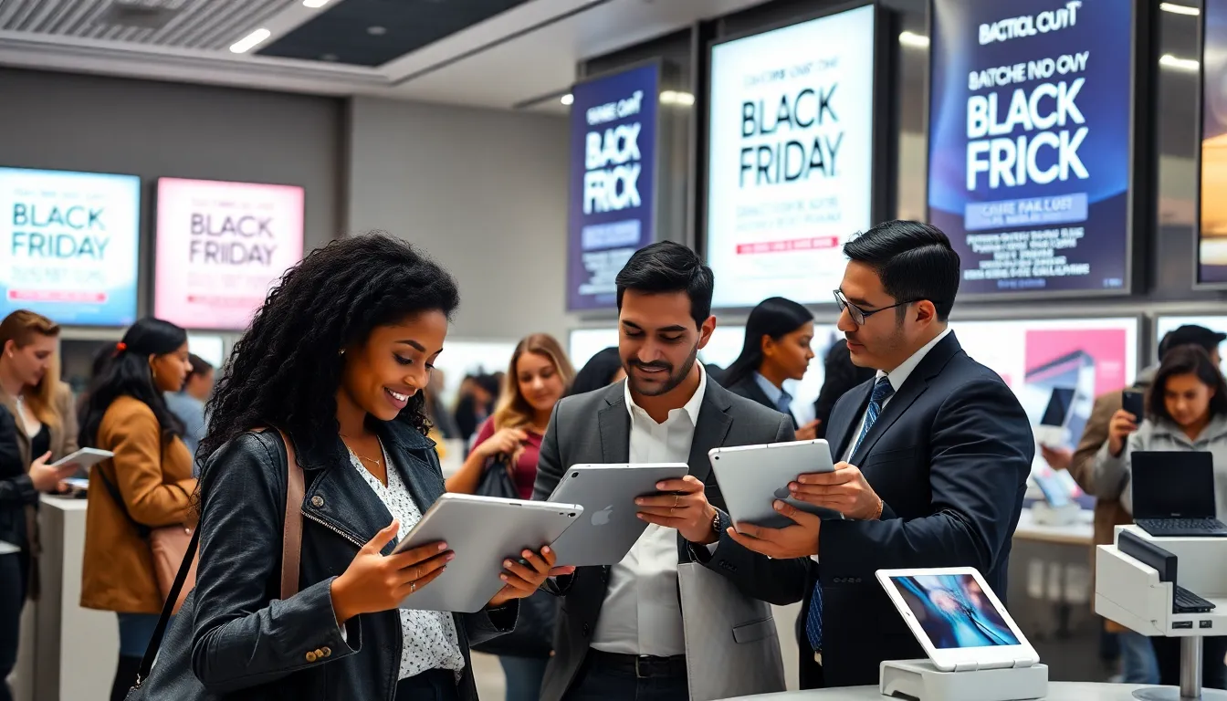shoppers exploring iPads during a Black Friday sale.