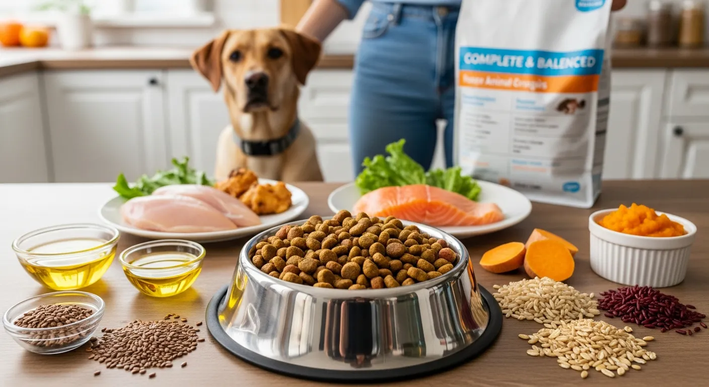 High quality dog food bowl surrounded by fresh protein, grains, and veggies.
