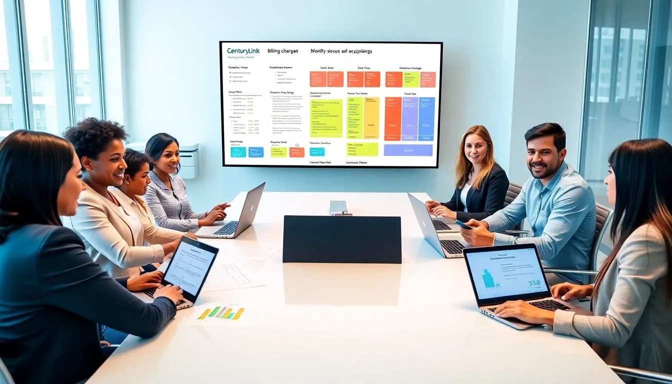 diverse team discussing CenturyLink billing in a modern office.