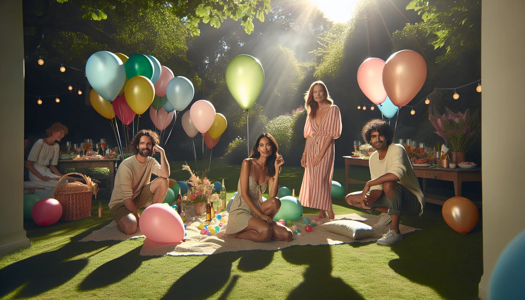 colorful balloons on a grassy lawn with decorative blanket.