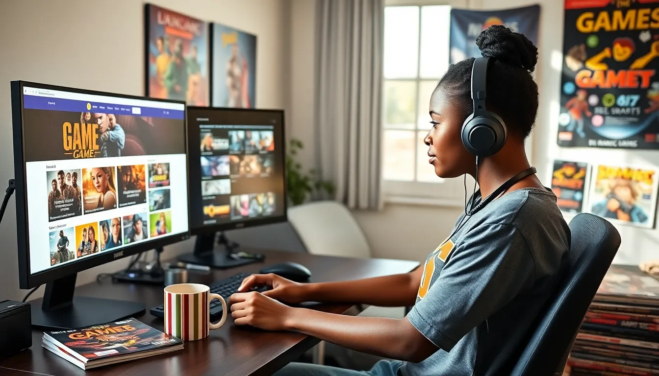 A young Black woman gaming in a cozy home office with posters and a dual-monitor display.