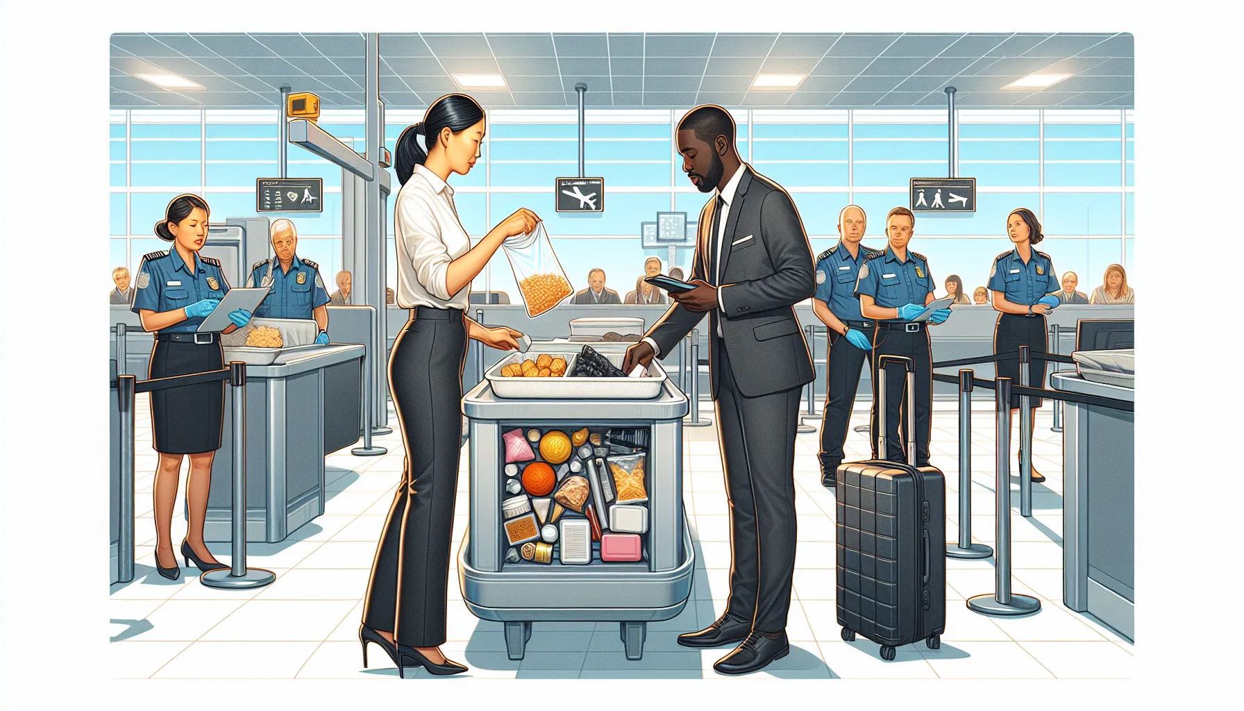 Traveler at airport security with food in compliance with regulations.