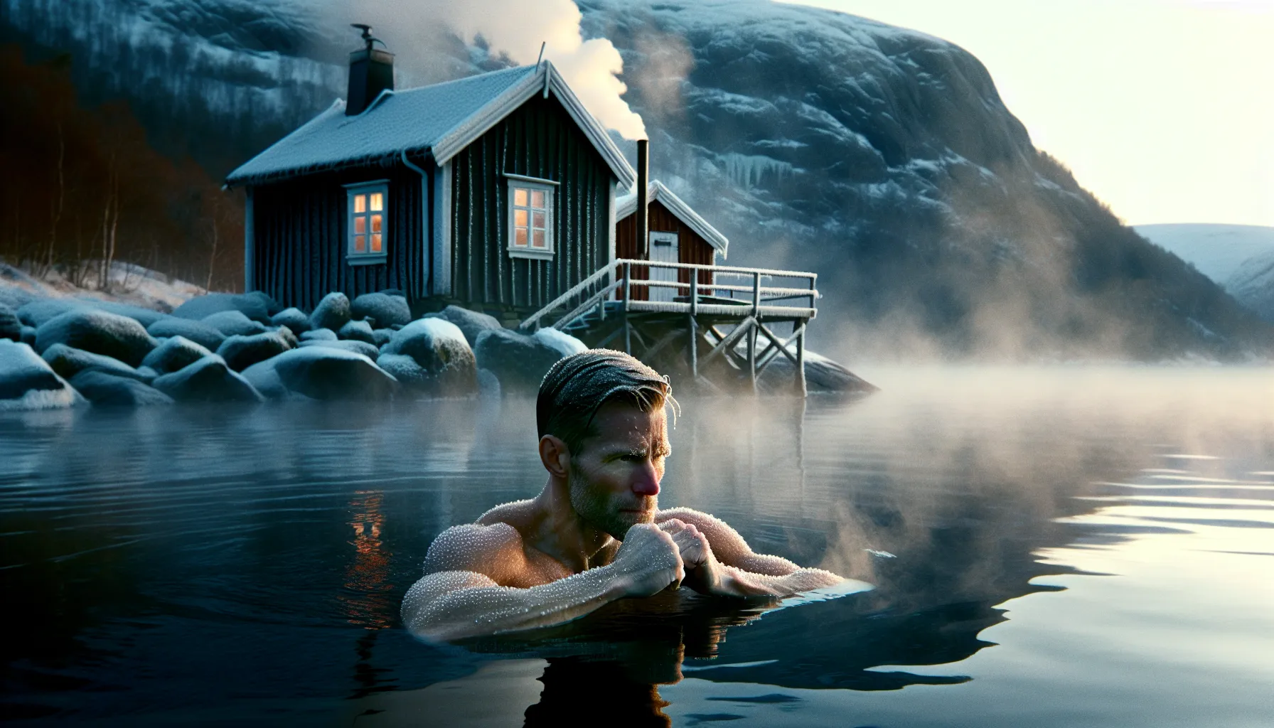 Person ice bathing in a norwegian fjord, calm and focused in icy water.