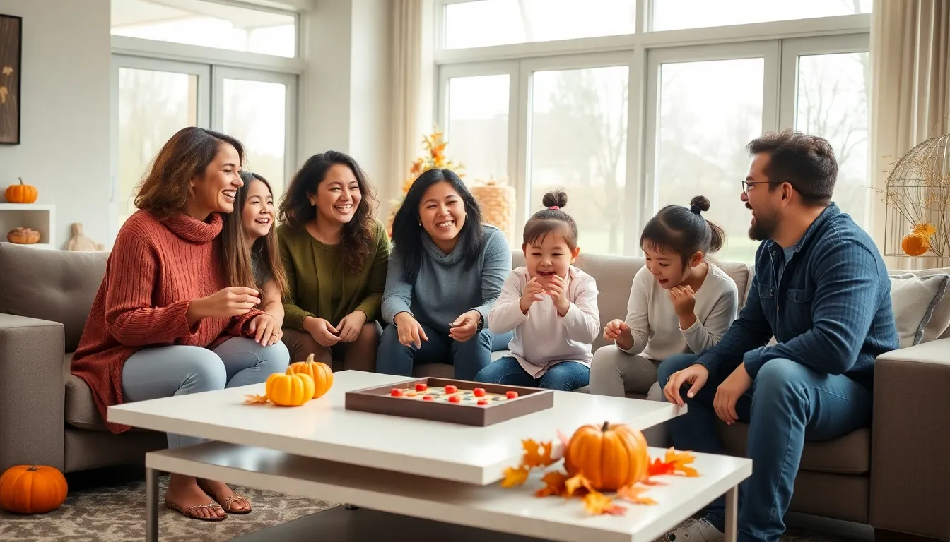 family playing games together during Thanksgiving celebration.
