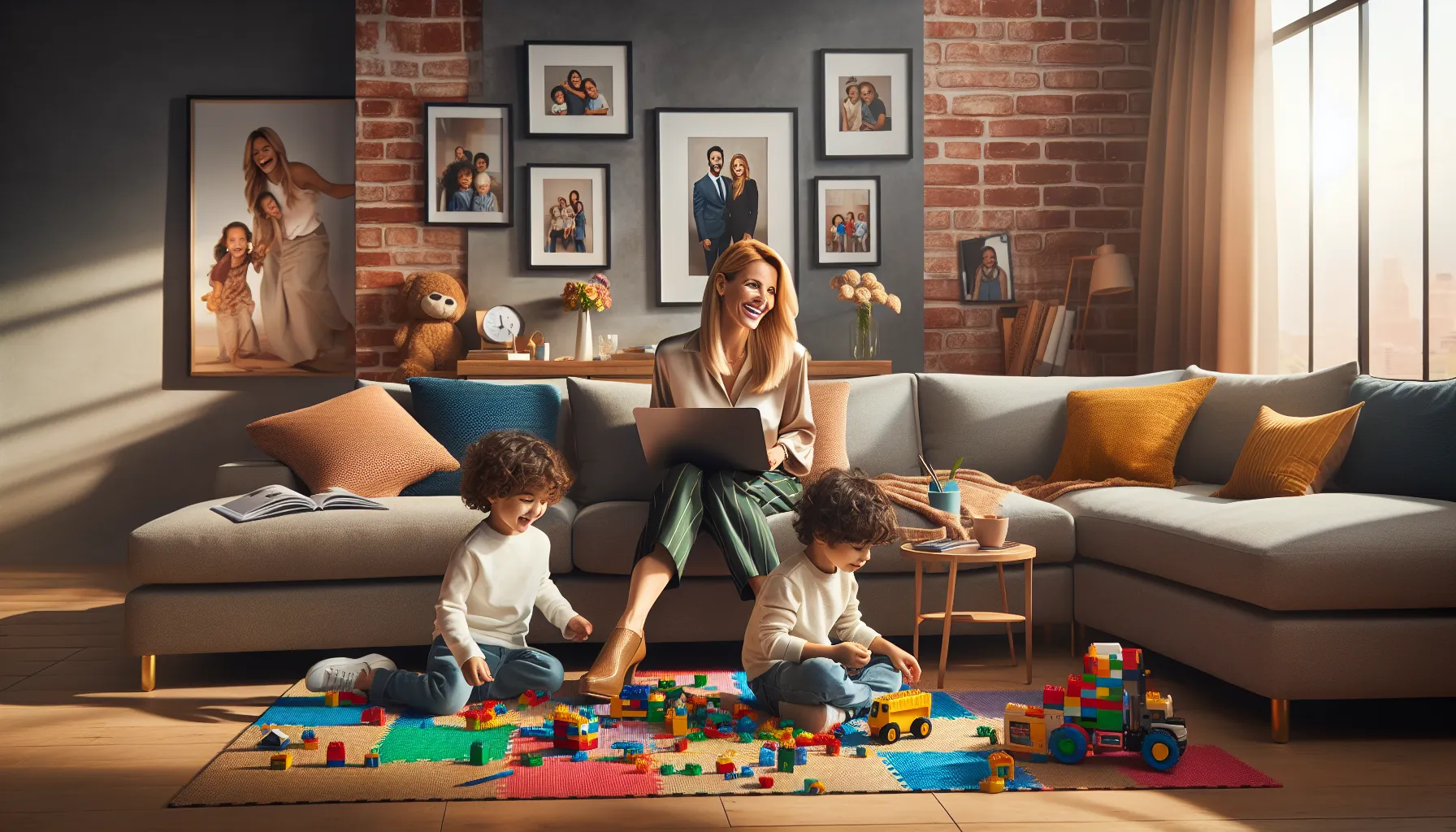 mother playing with children in a cozy living room.