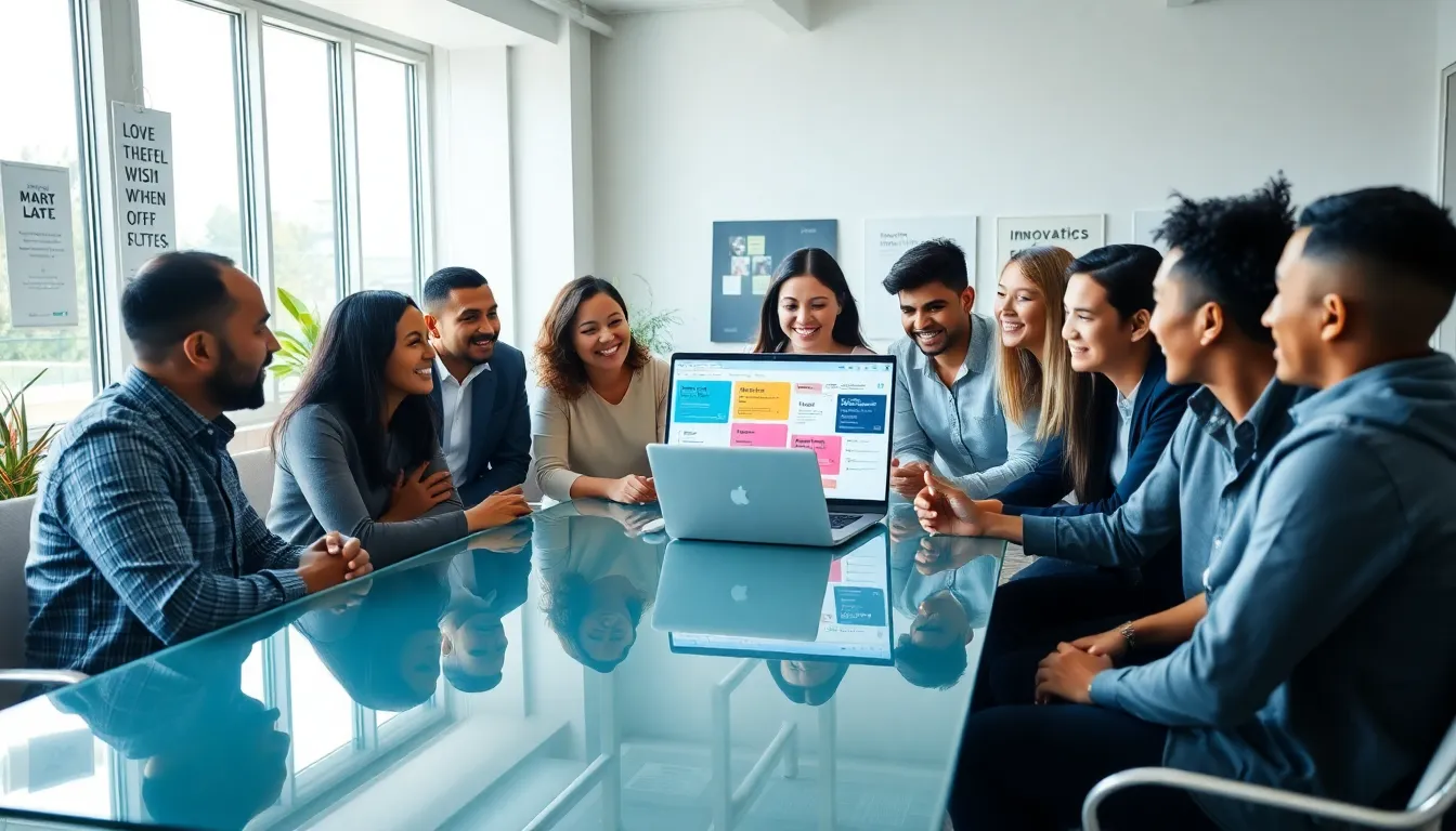 diverse team collaborating on low code application development in a modern office.