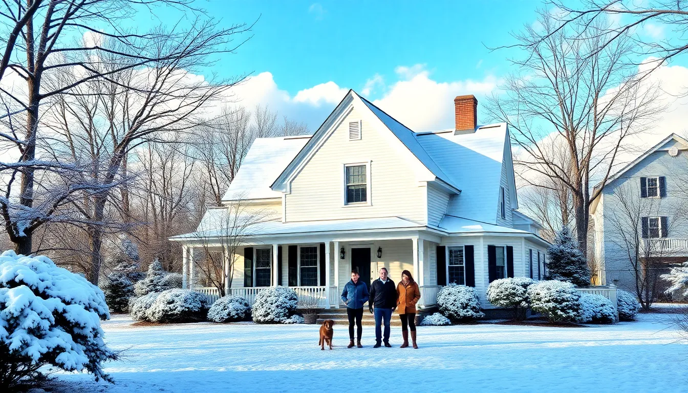 Cape style home in a snowy New England setting with a family.