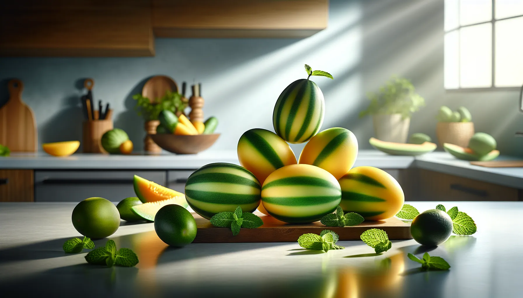 Fresh cocelacot fruits displayed in a modern kitchen setting.