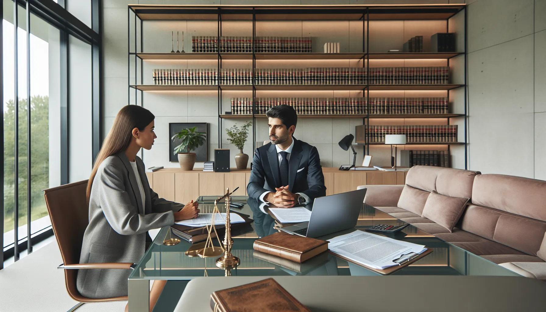 Attorney consulting with client in modern Croatian law office.