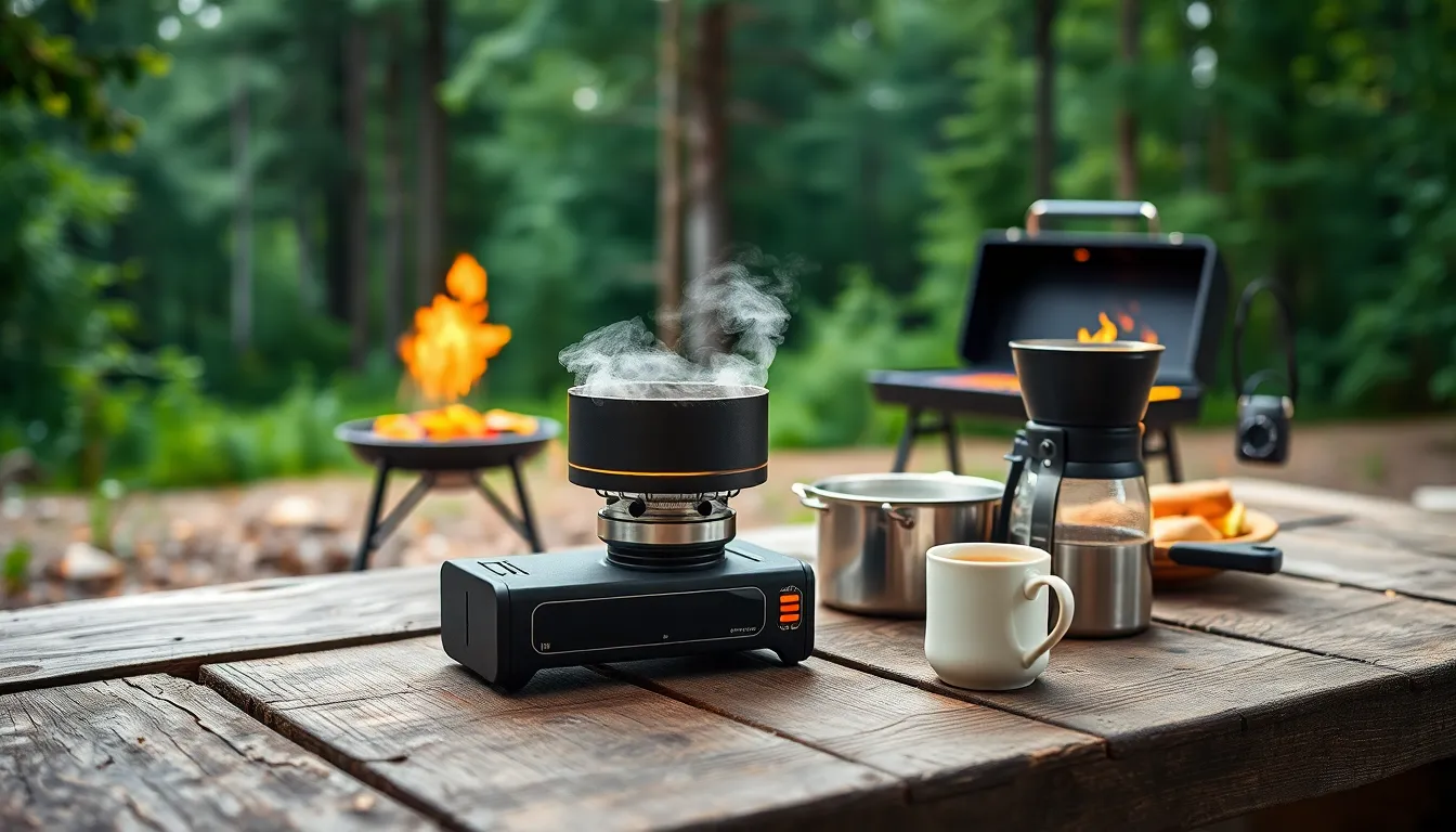 modern camping cooking gear with a portable stove and grill outdoors.