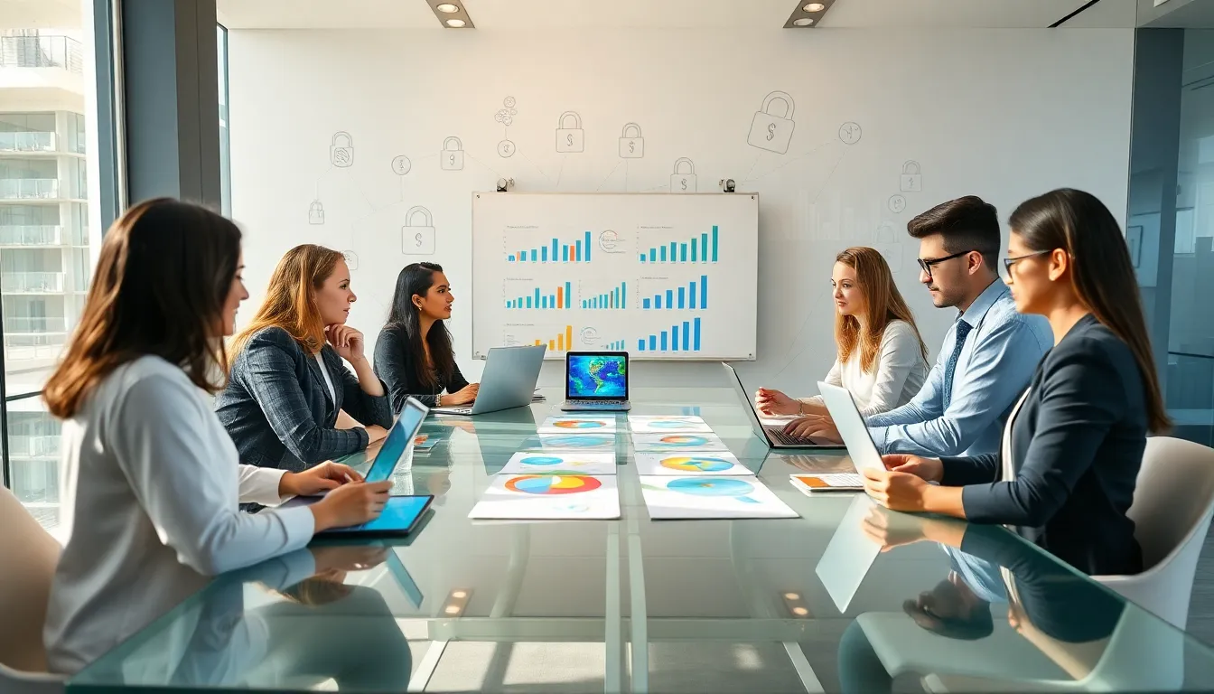 diverse fintech team collaborating in a modern office.