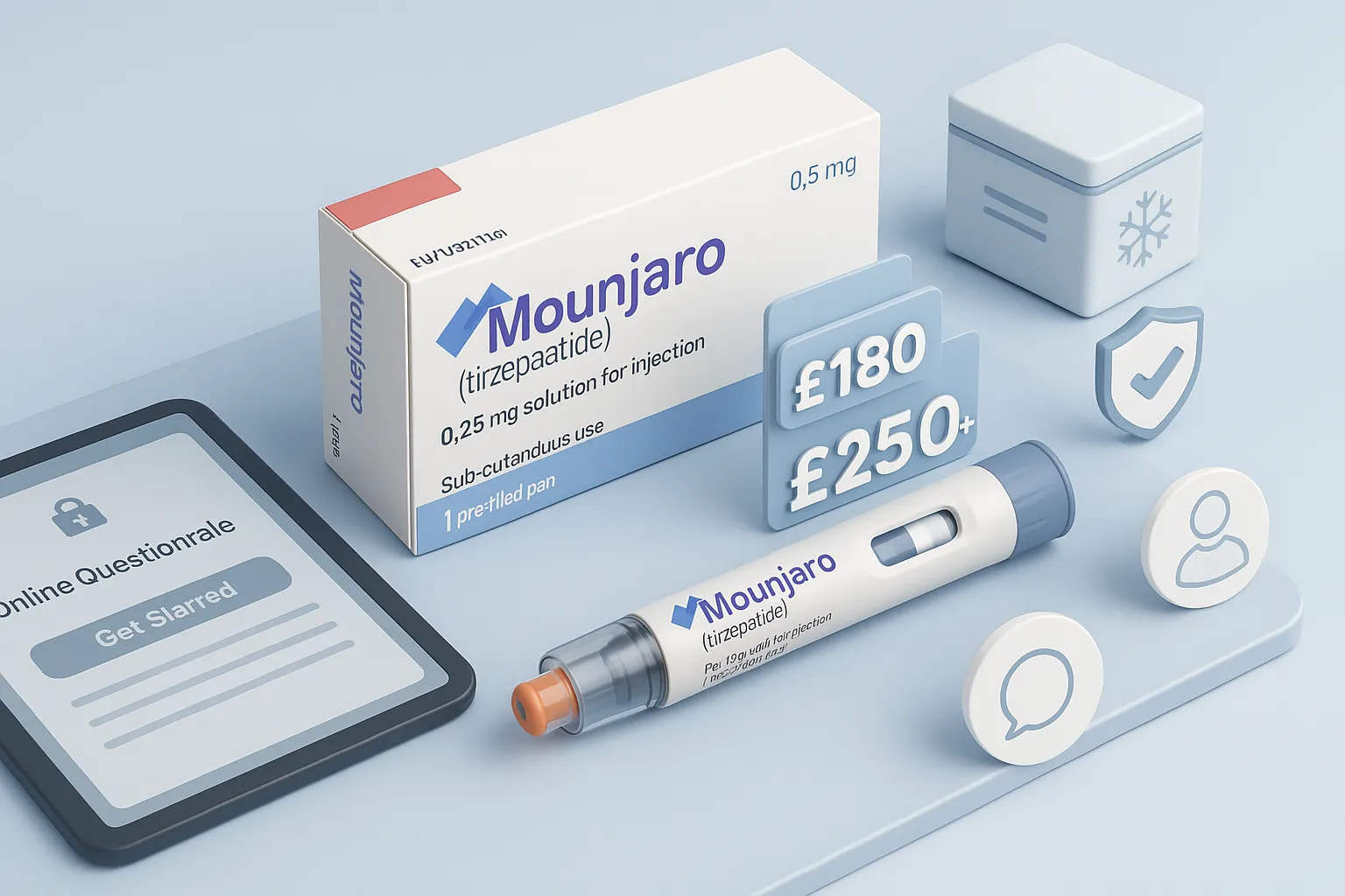 3D render of Mounjaro pricing, online consultation, and regulated UK pharmacy service.
