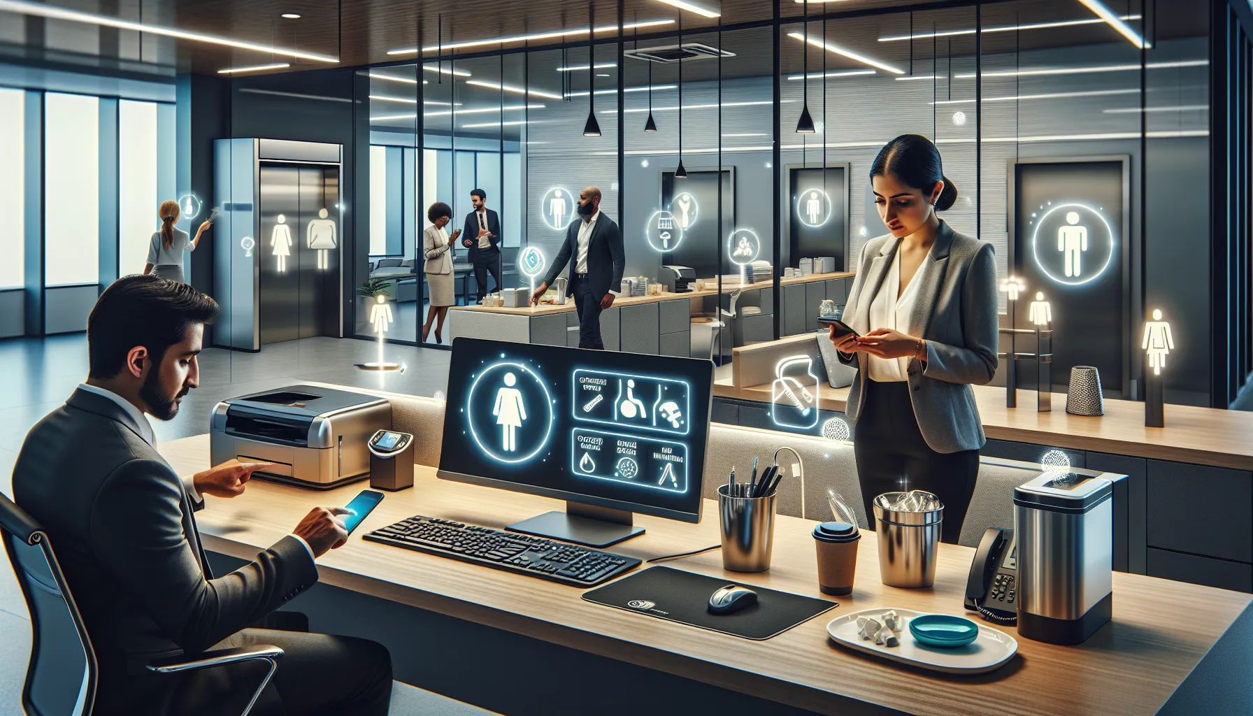 Clean office showing common germ hotspots on desks, shared equipment, and kitchen areas.